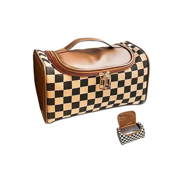 Checkered Makeup Bag Travel Purse Toiletry Women Cute Cosmetic Case Portable Hanging Organizer for Essentials (Black)
