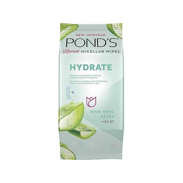 POND'S Vitamin Micellar Makeup Remover Wipes for Dry Skin, Skin Care Hydrating Aloe Vera Daily Face Remove Dirt, Waterproof Makeup, 25 Count, 4 Pack