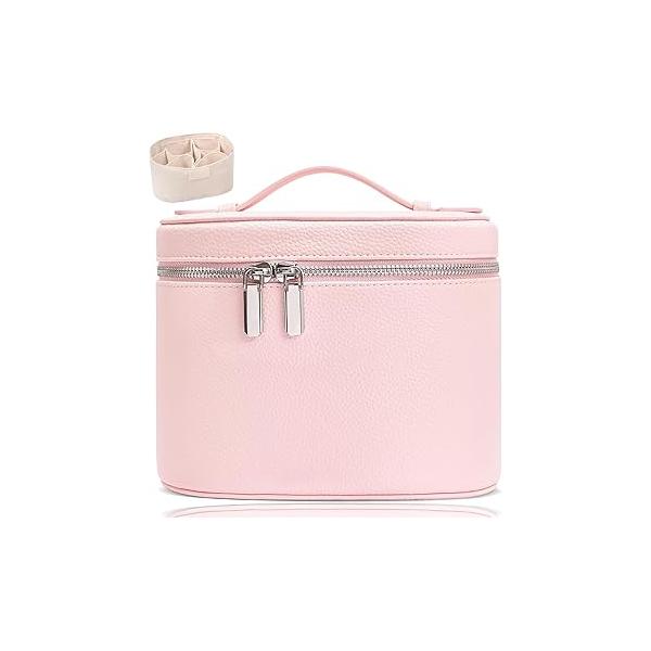 Leather Make Up Bags With Compartments, Brown travel Cosmetic for Women, Parallel Makeup Travel Organizer Equipped a Detachable Divider