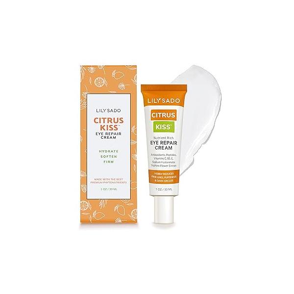 LILY SADO CITRUS KISS™ Eye Repair Cream - Antioxidant-Rich Natural Formula w/Peptides, Sodium Hyaluronate, and VITS C, B5 & E Prevents Puffiness, Under-eye Wrinkles, Discoloration Bags 1oz