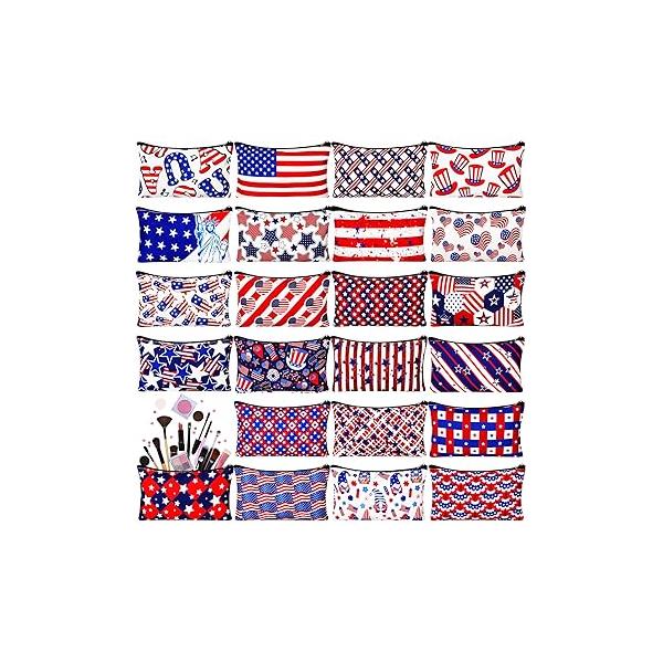 24 Pieces Makeup Bags Bulk Canvas Cosmetic Purse Organizer Zipper Pouch Portable Travel Toiletry for Women Men Gifts, 7 x 4 Inch (Patriotic)
