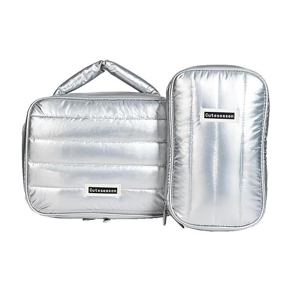 Puffy Padded Makeup Bags, Large Capacity Waterproof Travel Toiletry Bag with Compartments, Quilted Cosmetic Pouch for Women, Silver