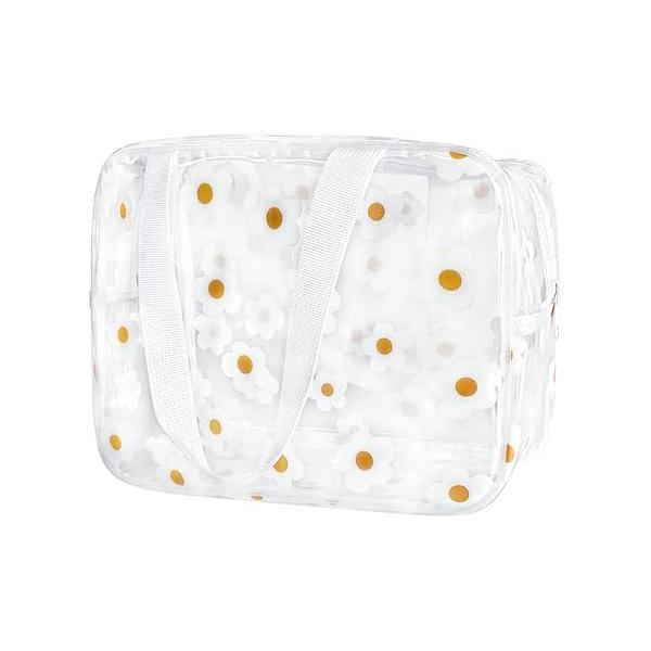 Clear Printed Floral Cosmetic Bag and Travel Pouch with Handle-Durable PVC Material,Versatile,Zipper Design for Smooth Sliding-Ideal Makeup,Travel Essentials (Pink Floral#1-L)