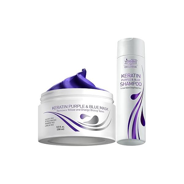 VITAMINS hair cosmetics Keratin Purple Blue Hair Mask and Shampoo Kit - Conditioner Anti Brassiness Toner Violet Set for Bleached Blonde Platinum Silver White Gray Dry Damaged