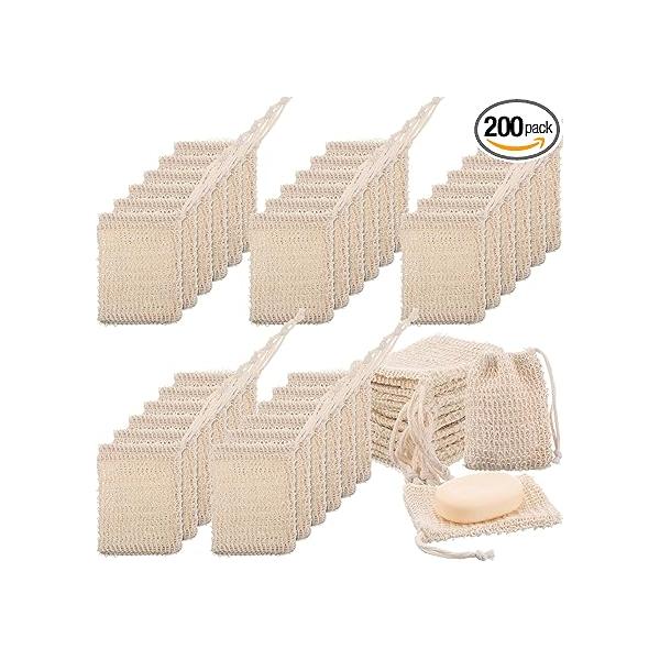 Rtteri 200 Pcs Soap Exfoliating Bag, Natural Sisal Pouch Saver Body Shower Bar Mesh Net with Drawstring for Foaming and Drying