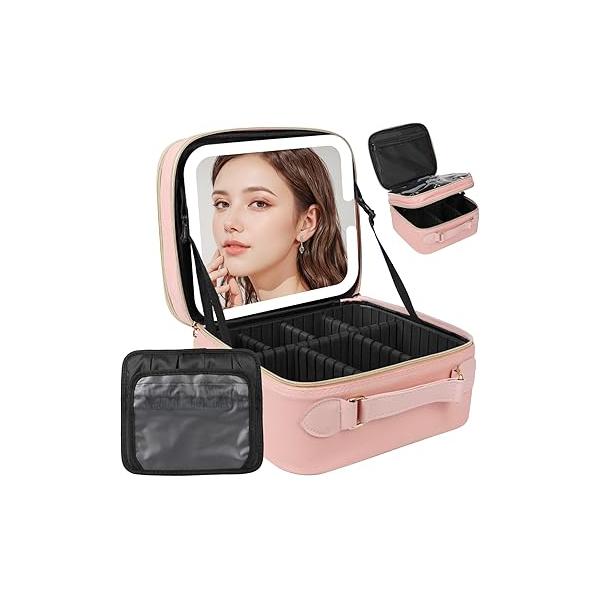 Travel Makeup Bag with LED Mirror Double Layer, Detachable Vanity Lights, Tri-light Dimmable, Case Adjustable Dividers and Brush Holder Cosmetic Organizer Storage Box