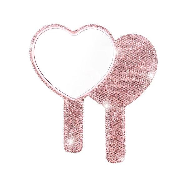 Framendino, 1 Pack Bling Heart Cosmetic Handheld Mirror Red Metal with Handle for Women Makeup Travel