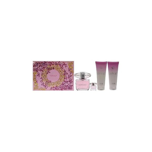 Versace Bright Crystal 3oz EDT Spray, 3.4oz Perfumed Body Lotion, Bath and Shower Gel, 5ml Splash Mini Women 4 Pc Gift Set, Packaging May Vary