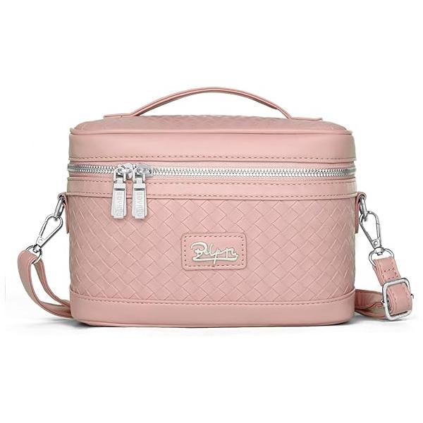 Travel Makeup Bag for Women: Large Capacity Cosmetic Set of 2 - Vegan Leather Vanity Case with Mirror Crossbody Waterproof Toiletry Make up Organizer (Pink)