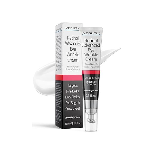 YEOUTH Retinol Eye Cream Anti Aging, Firming Under for Puffiness and Bags Eyes Wrinkles Dark Circles with Hyaluronic Acid Tripeptides 15ml