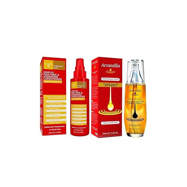 Arvazallia Premium Argan Oil Hair Treatment and Leave-in Mask & Hydrating Conditioner Spray Bundle - Professional Grade Hydration Damage Repair for Dry or Damaged