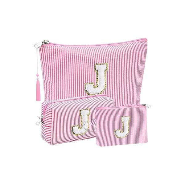 Initial Gifts Travel Cosmetic Makeup Pouch Bags Sets for Purse, 3pcs Stoney Clover Dupes Bag, Personalized Set Women, Make up Bag Teen Girls 13 14 15 16 17 (J, Pink)