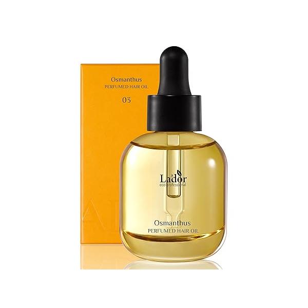 LA'DOR Hair Perfume Oil for Dry Damaged - Anti Frizz Nourishing Fragrance Gloss Serum Leave-In Conditioner Hold Curls & Waves No Sulfate Paraben 1 Fl Oz 03 Osmanthus Korean Haircare Lador