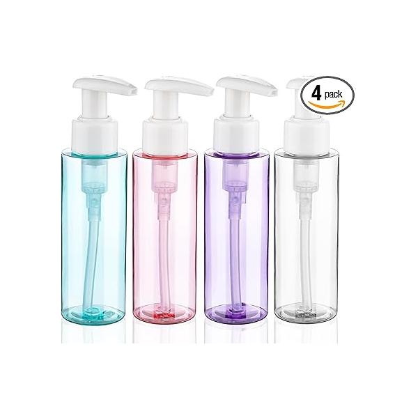 Travel Bottles Plastic Pump Bottle Dispenser TSA Approved 3.4oz/100ml 4 Pack Refillable Shampoo and Conditioner Empty Size for Cosmetic, Lotion, Liquid Soap (mixcolor)