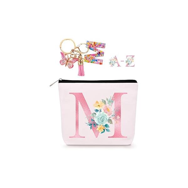 Personalized Makeup Bag with Initial Keychain, Custom Monogram Small Travel Cosmetic Toiletry Bag, Birthday Gifts for Women Bridesmaid Teacher (M)