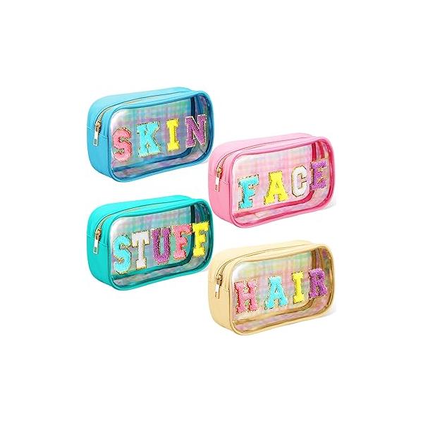 4 Pieces Chenille Letter Cosmetic Bag Set Nylon PVC Clear Waterproof Makeup Pouch Stuff Hair Travel Zipper Multi Purpose Aesthetics Toiletry Organizer for Women Gym Beach (Fresh Colors)
