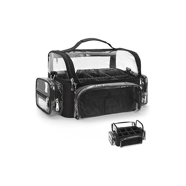 Makeup Brush Bag, Case for Artist with Plastic Dividers Washable, Portable Travel Train Clear Waterproof Cover Easy to Clean and Find Adjustable Strap