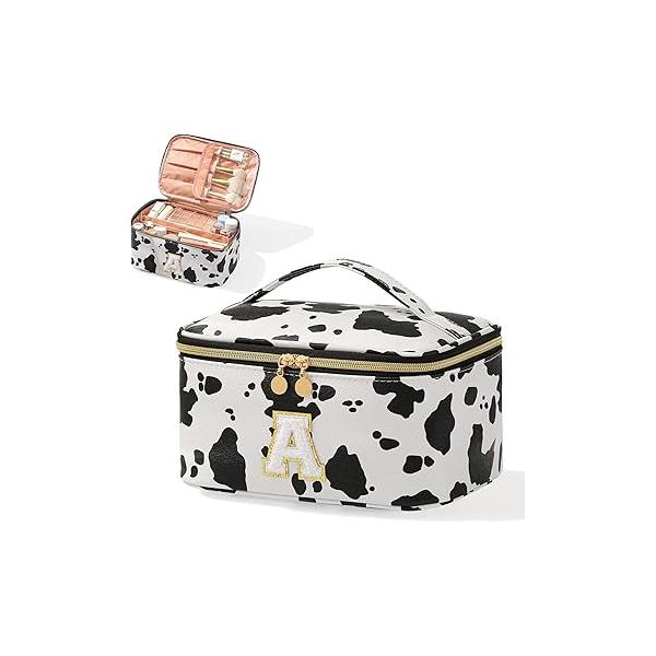 Personalized Monogram Makeup Bag with Dividers - Cow Print Travel Toiletry Organizer for Women | Waterproof Cosmetic Pouch Brush Holder & Handle (9.8x6.7x5.1in)