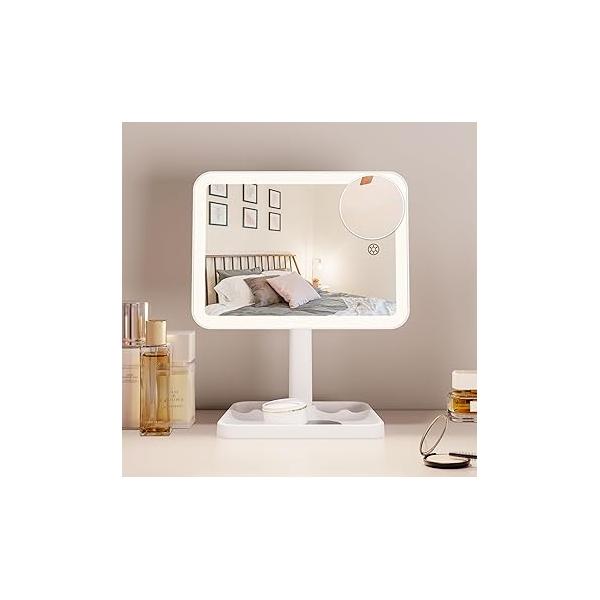 FUNTOUCH Rechargeable Lighted Mirrors for Makeup, 2000mAh, 10X Magnification/3 Color Lighting Portable Tabletop Cosmetic Make Up Mirror, 360° Rotation Led Light up with Storage