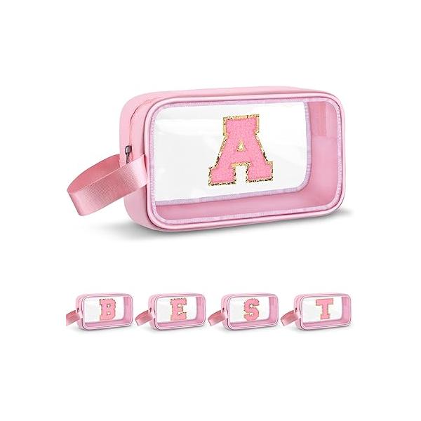 Initial Makeup Bag,Letter M Cute Clear Monogrammed Cosmetic Travel Bag for Womens Girls,Personalized Pink Aesthetic Traveling Make Up Organizer Beach,Waterproof Toiletry