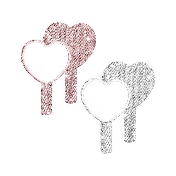 Framendino, 1 Pack Bling Heart Cosmetic Handheld Mirror Red Metal with Handle for Women Makeup Travel