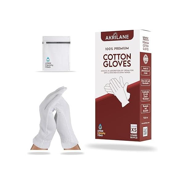 M Medium 5 Pairs 100% Premium Cotton Gloves for Dry Hands | Moisturizing Overnight Eczema, Psoriasis & Skin Spa Treatment Women Men Washable Reusable with Free Laundry Bag