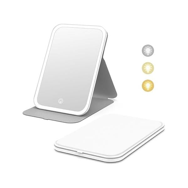 Kintion Travel Makeup Mirror, Portable LED Lighted 360° Rotation Touch Screen Vanity 60 LEDs, 3-Color Dimmable Lighting, Rechargeable Tabletop Folding Cosmetic Pink