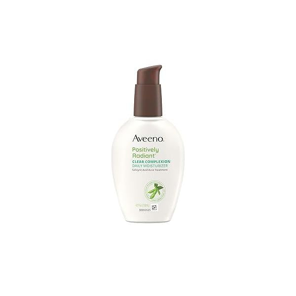 Aveeno Positively Radiant Clear Complexion Face Moisturizer, Acne Facial Moisturizer with Soy and Salicylic Acid for Oily Skin, Hypoallergenic Formula, Paraben-Free, Non-Comedogenic, Pump, 4 FL OZ