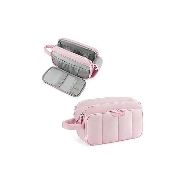 BAGSMART Travel Makeup Bag Organizer, Puffy Make Up Bag, Cosmetic Organizer Case for Essentials Toiletries Accessories Bottles, Brushes (Pink)