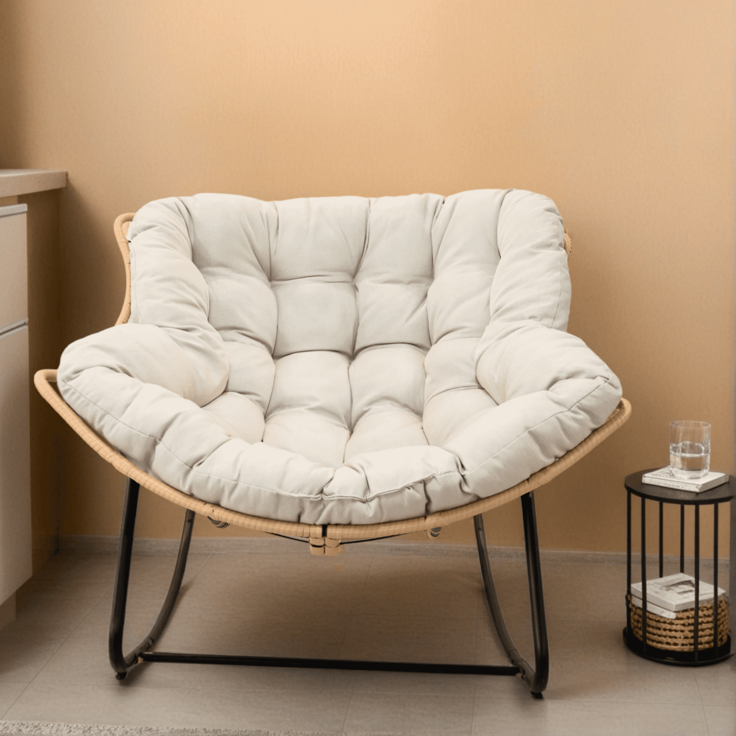 Rocking Chairs Outdoor Rocking Chair, Patio Egg Rocking Chair, Indoor Papasan Chair, Rattan Wicker Lounge Chair, Modern Royal Chair for Bedroom, Living Room, Porch, Garden,Lawn-Beige,Wooden Rocking C