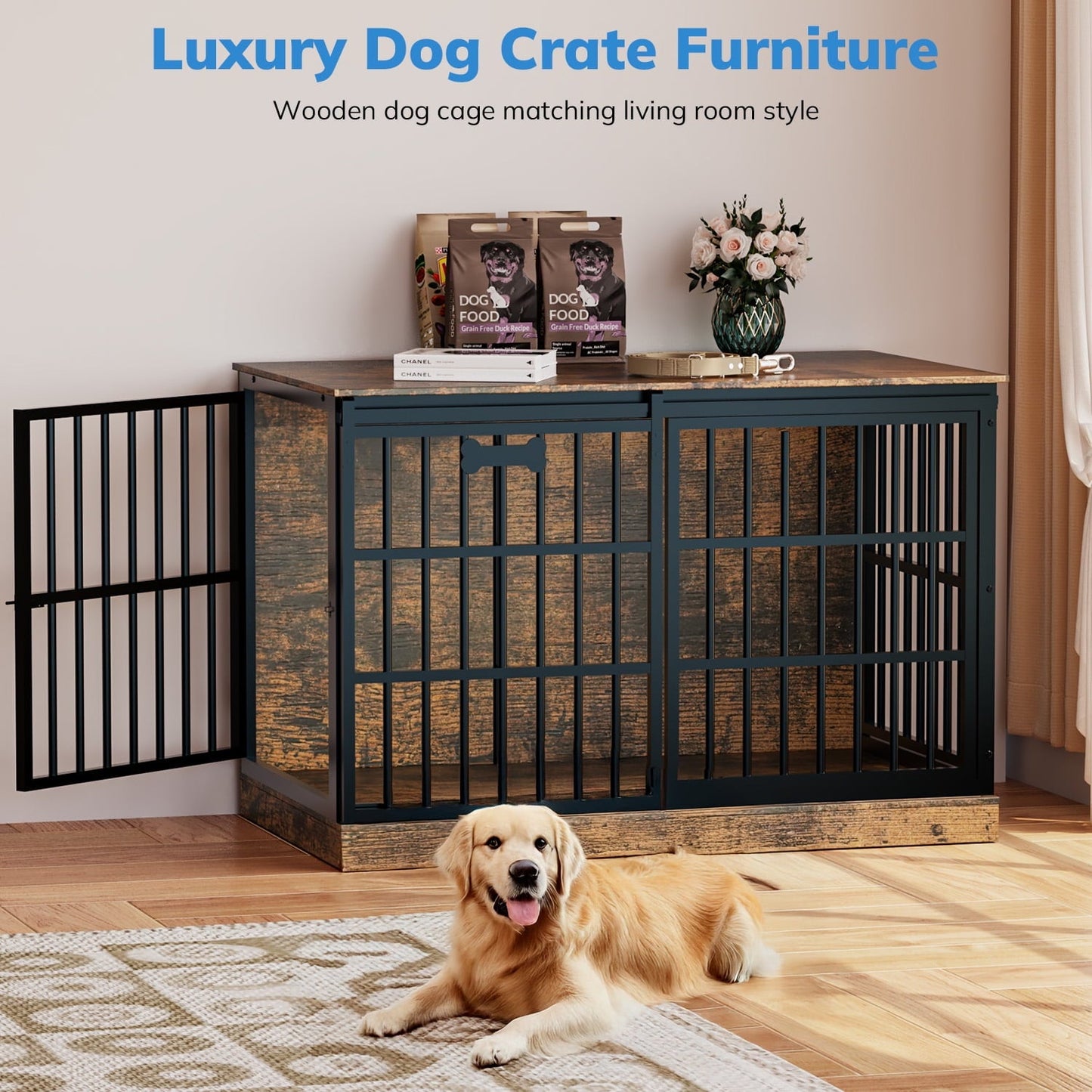 Behost 47.24" Heavy Duty Dog Crate Furniture with Sliding Door and Nameplate for Large Dogs Industrial Rustic Brown