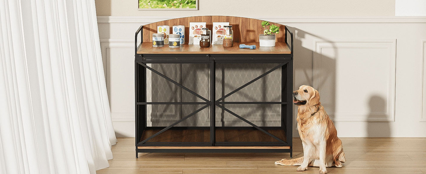 Noaman 42.8" Heavy Duty Farmhouse Dog Crate Furniture, Wooden Indoor Kennel & End Table for Large Dogs, Brown, Supports Up to 110lbs