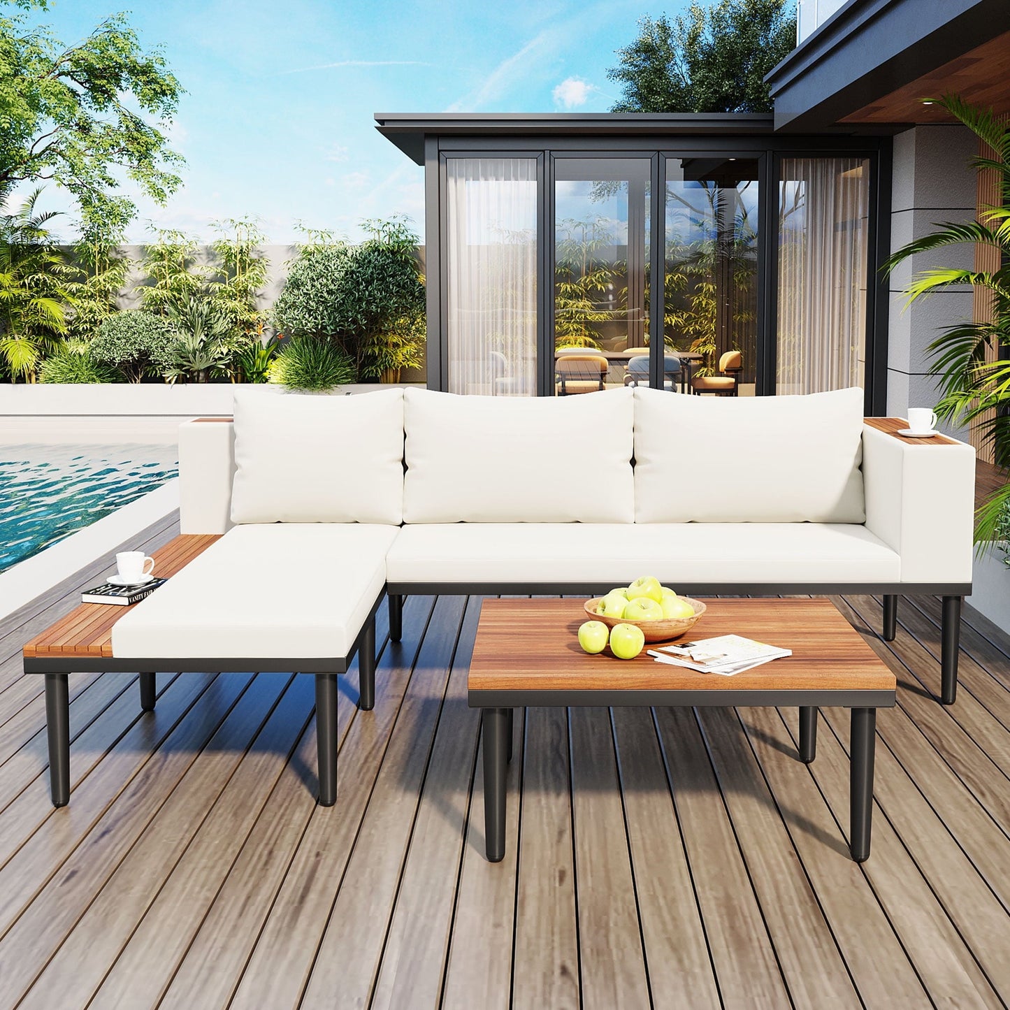 Luxury Patio Furniture Set with Removable Cushions and Coffee Table, L-Shaped Acacia Wood Sofa with Side table, Outdoor Conversation Sectional Sofa for Backyard, Porch, Beige