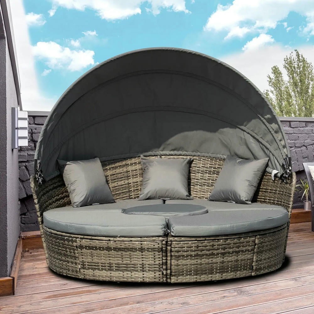 Barara King Patio Sofa Bed Set,Daybed Set,4-Piece Round Convertible Daybed, Outdoor PE Rattan Patio Wicker Sofa Set with 2 Chairs, Table, 3 Pillows, Gray