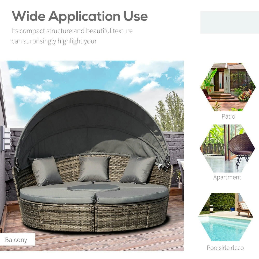 YYAo Outdoor Daybed Set, Sunbed Set,4-Piece Round Convertible Daybed, Outdoor PE Rattan Patio Wicker Sofa Set with 2 Chairs, Table, 3 Pillows, Gray