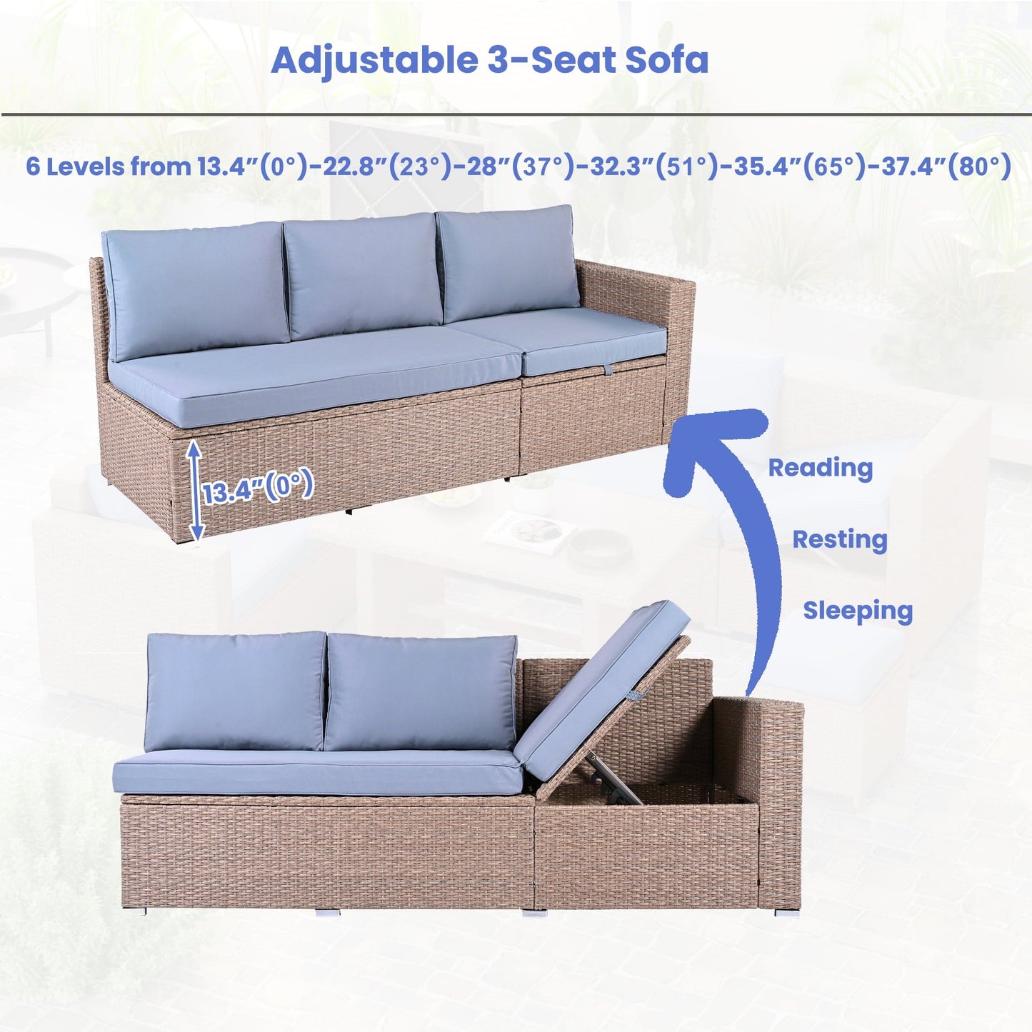 Olurrisa Outdoor 6-Piece All Weather PE Rattan Sofa Set, Garden Patio Wicker Sectional Furniture Set with Adjustable Seat, Storage Box, Removable Covers and Tempered Glass Top Table, Natural