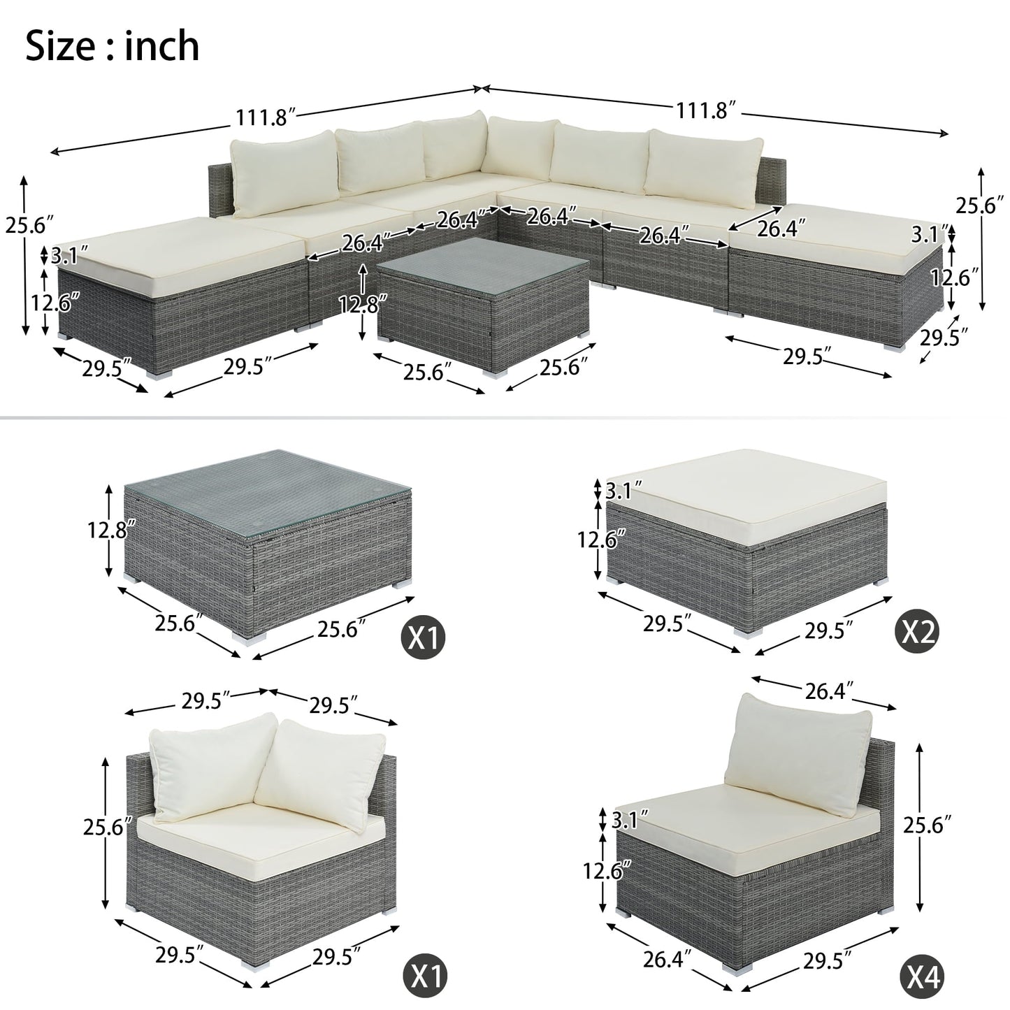 StyleSack 8-Piece Patio Sectional Furniture Set, L-Shaped Couch PE Rattan Bench Outdoor Sofa with Table, Cushion for Backyard, Porch, Pool