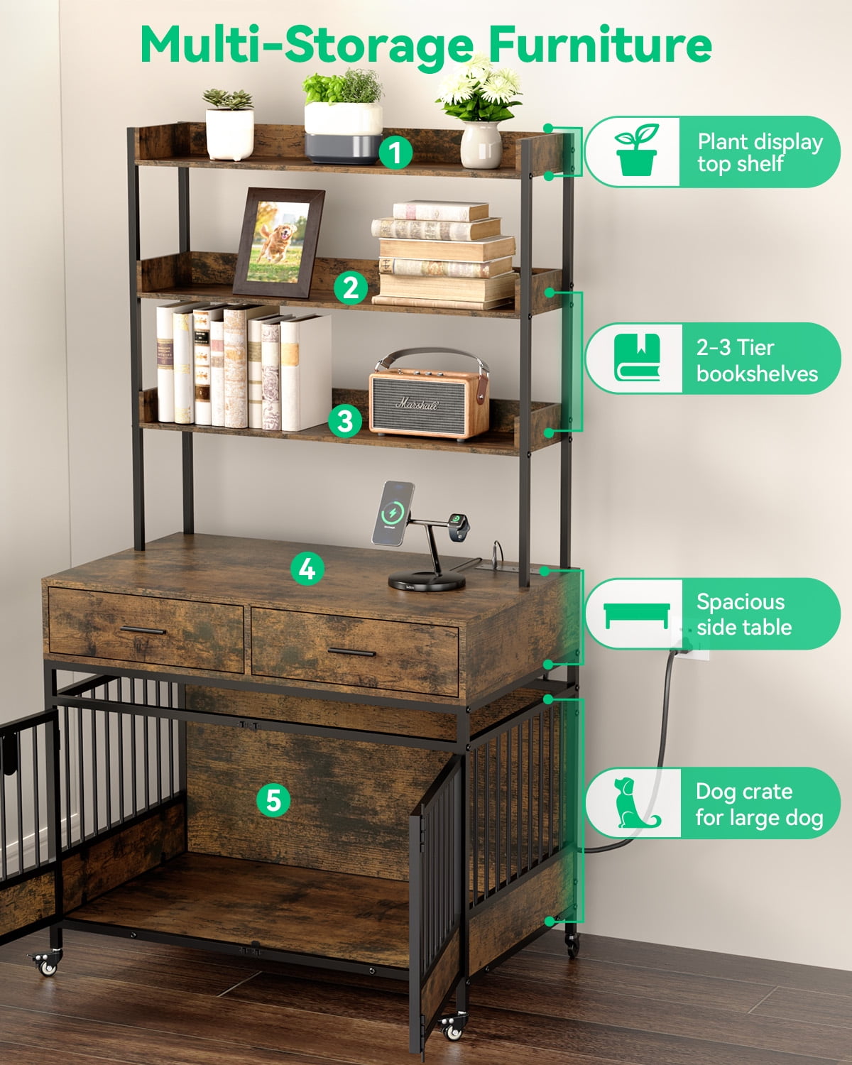 Behost 70.8" Large Dog Crate with 3 Tier Shelves Power Outlet LED Light Adjustable Feet and Wheels Bone Shaped Nameplate Rustic Brown