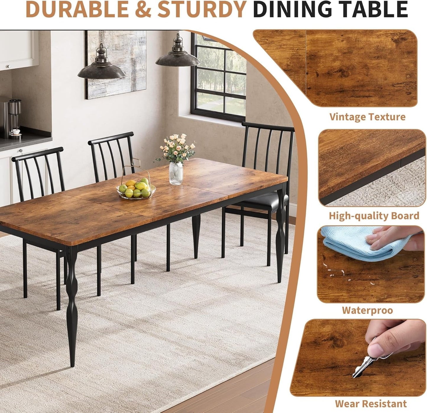 Garvee Dining Room Table 6, 70.9'' Mid Century Kitchen Table Furniture with Metal Frame Heavy Duty Legs, Waterproof Industrial Rectangle Dining Table, Dinette and Dinner Desk For Party (Retro)