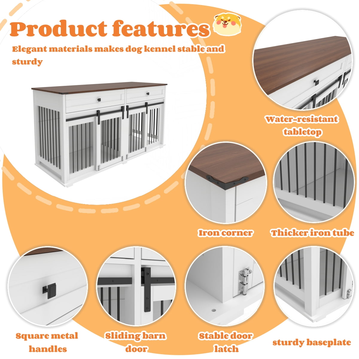 YIYADO Dog Crate Furniture for Two Dogs, 63" Double Wooden Dog Kennel with Divider, Drawers & Sliding Doors, Indoor Rustic Dog Crate Cabinet