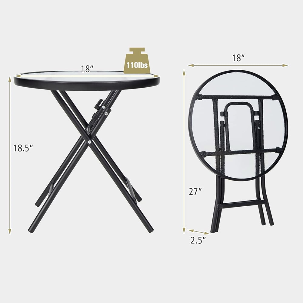 Outdoor Side Table, Folding Small Patio Table, Round Outdoor End Table with Tempered Glass Tabletop, Steel Frame, Footpads for Lawn, Balcony, Garden, Poolside,