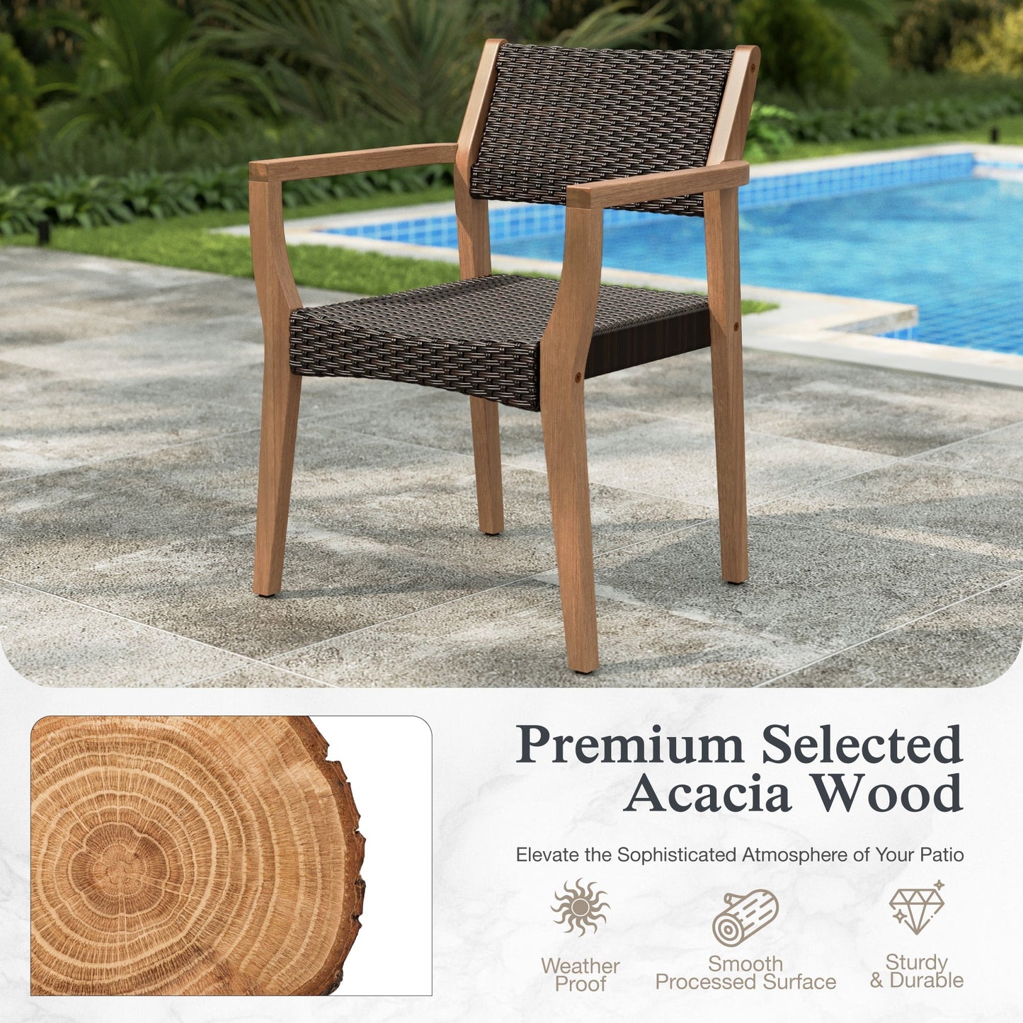 Alpha Joy Wicker Rattan Outdoor Patio Dining Chairs with Acacia Wood Structure - Set of 2, Dark Brown