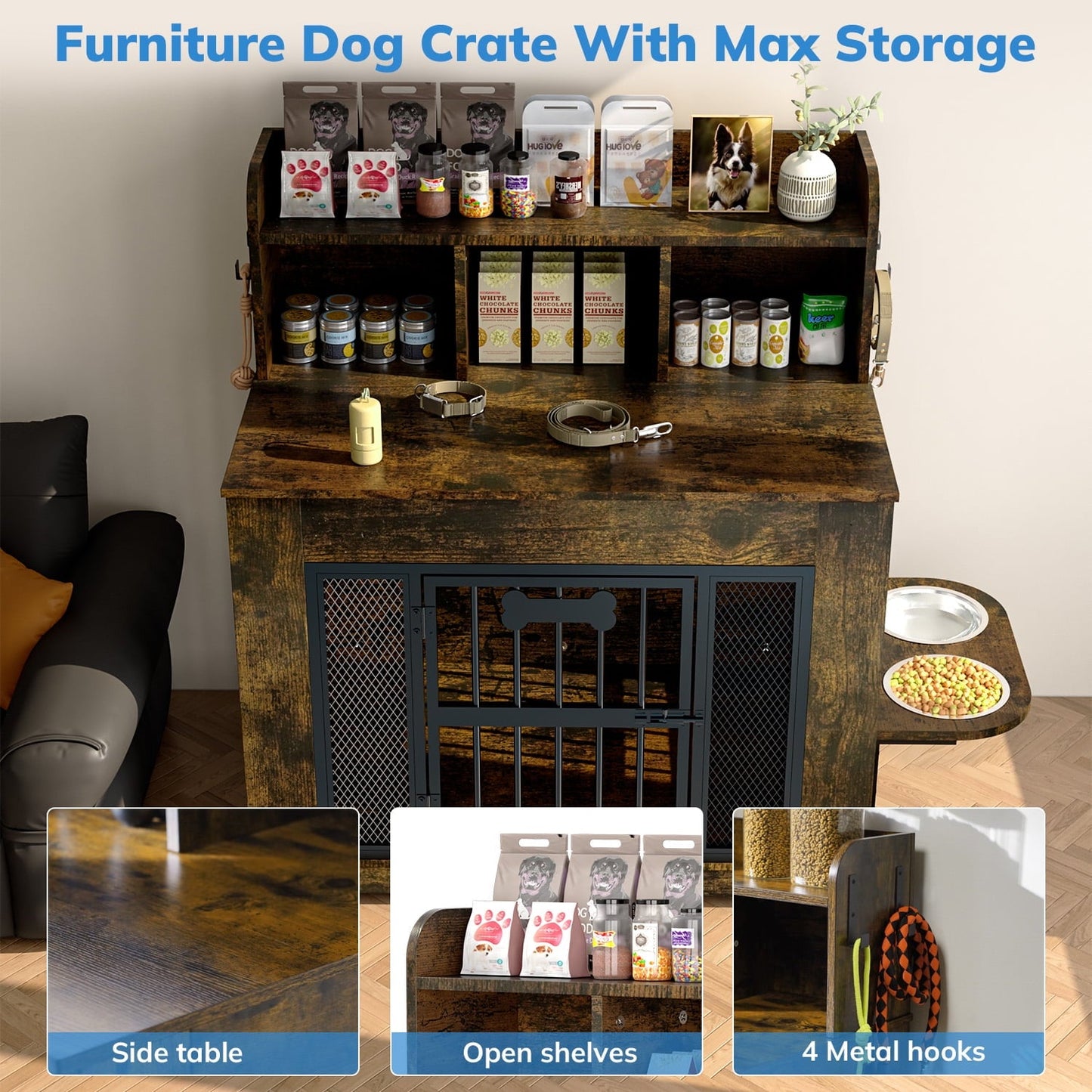 Behost 34" Industrial Dog Crate Furniture with Feeding Bowls LED Light Bone Nameplate Double Layer Storage for Large Dogs Rustic Brown