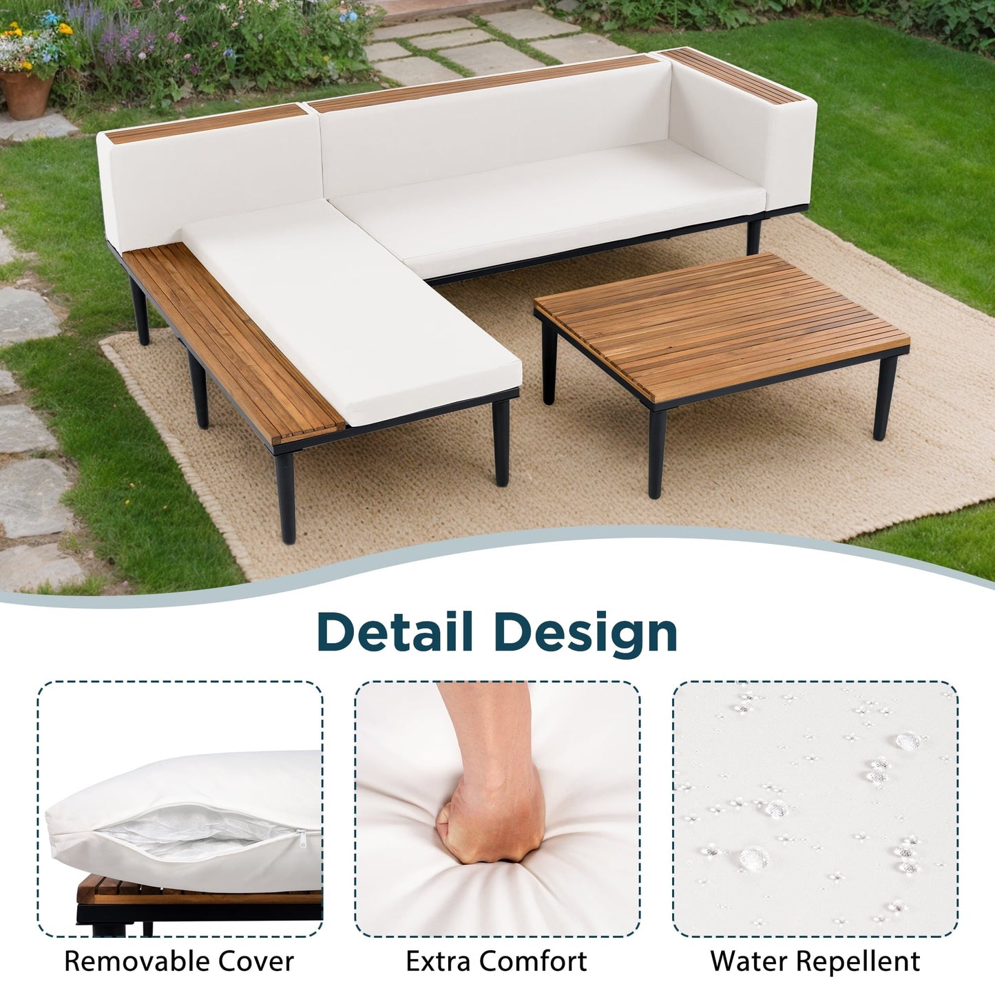 Luxury Patio Furniture Set with Removable Cushions and Coffee Table, L-Shaped Acacia Wood Sofa with Side table, Outdoor Conversation Sectional Sofa for Backyard, Porch, Beige