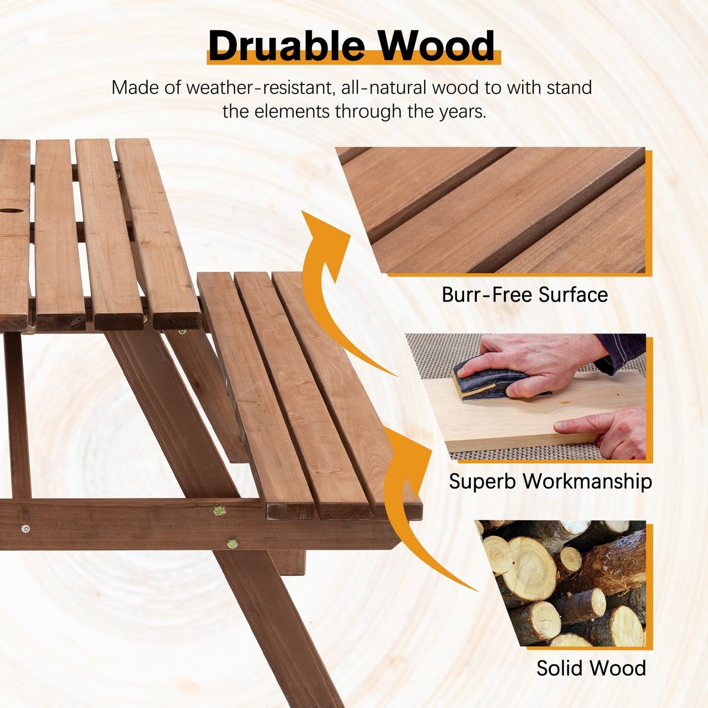 75 Inch Picnic Table, 8-Person Wooden Picnic Table with 2 Built-In Benches, Outdoor Camping Dining Table for Backyard, Garden, Patio, DIY Assembly, 2220 lbs Capacity, Brown