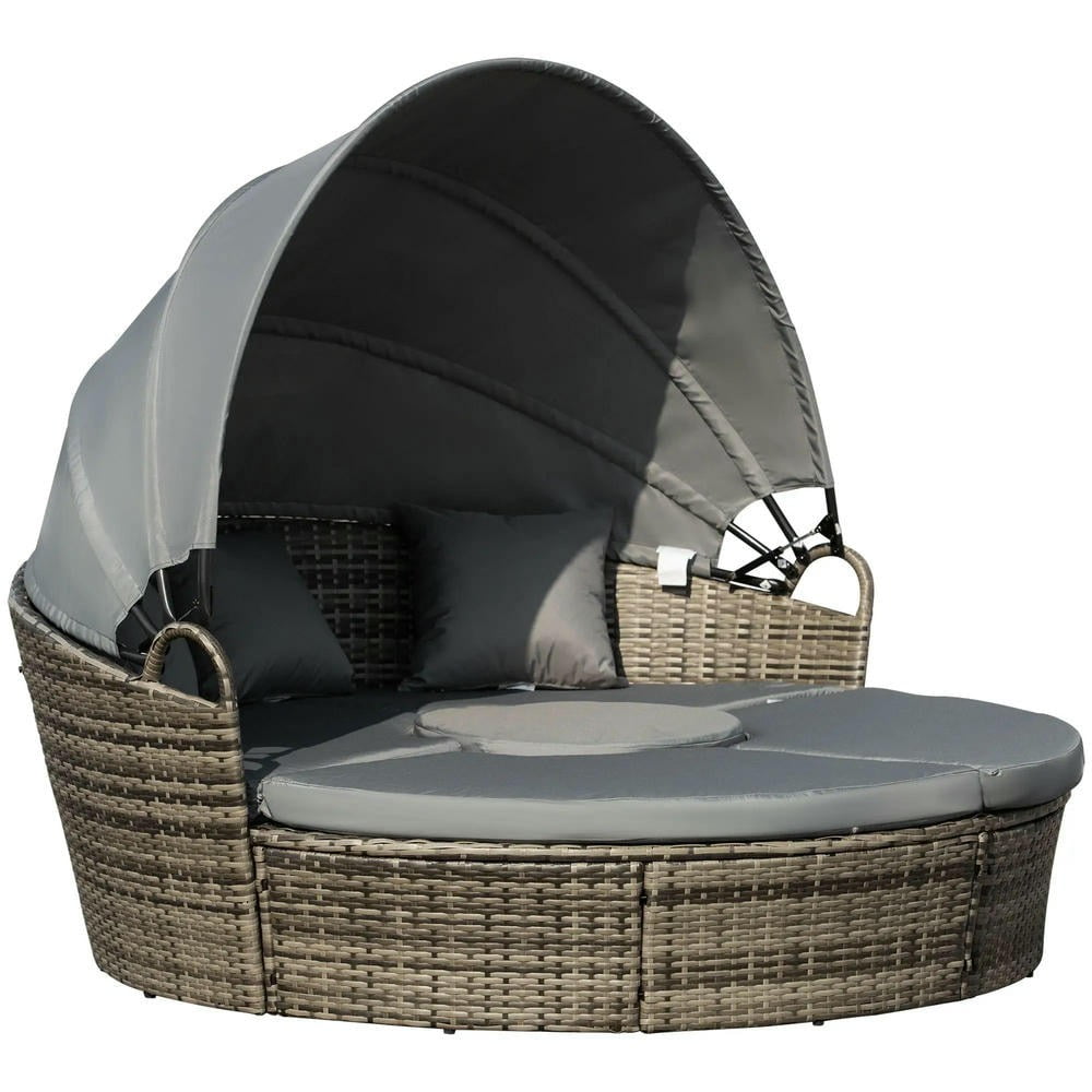 YYAo Outdoor Daybed Set, Sunbed Set,4-Piece Round Convertible Daybed, Outdoor PE Rattan Patio Wicker Sofa Set with 2 Chairs, Table, 3 Pillows, Gray
