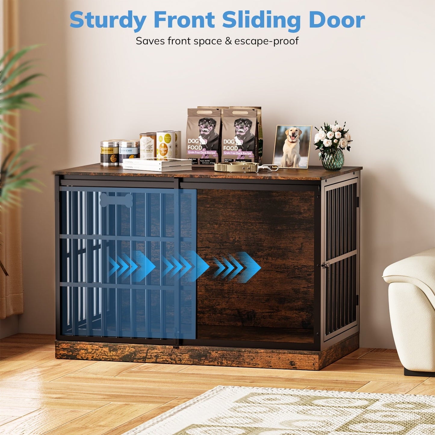 Behost 47.24" Heavy Duty Dog Crate Furniture with Sliding Door and Nameplate for Large Dogs Industrial Rustic Brown
