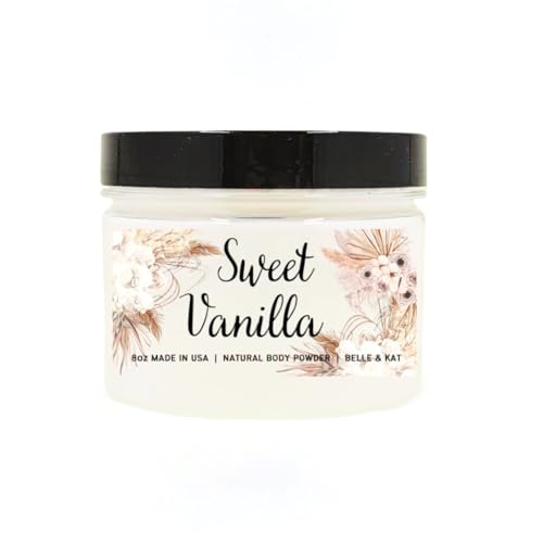 Sweet Vanilla Scented Body Powder for Men & Women, Perfume Dusting Powder, Bath Powder with Fragrance & Essential Oils, Talc Free 8oz Container, Made in USA
