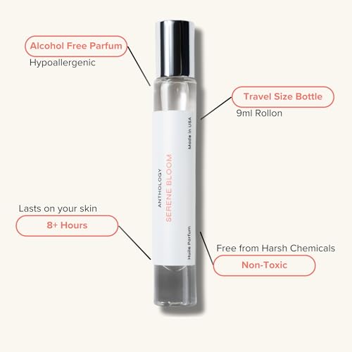 Anthology Serene Bloom Roll on Perfume Oil for Women 0.3oz 9 ML | Citrus, Vanilla, Pink Pepper, Jasmine & Iris Notes | Alcohol Free, Travel size Rollerball