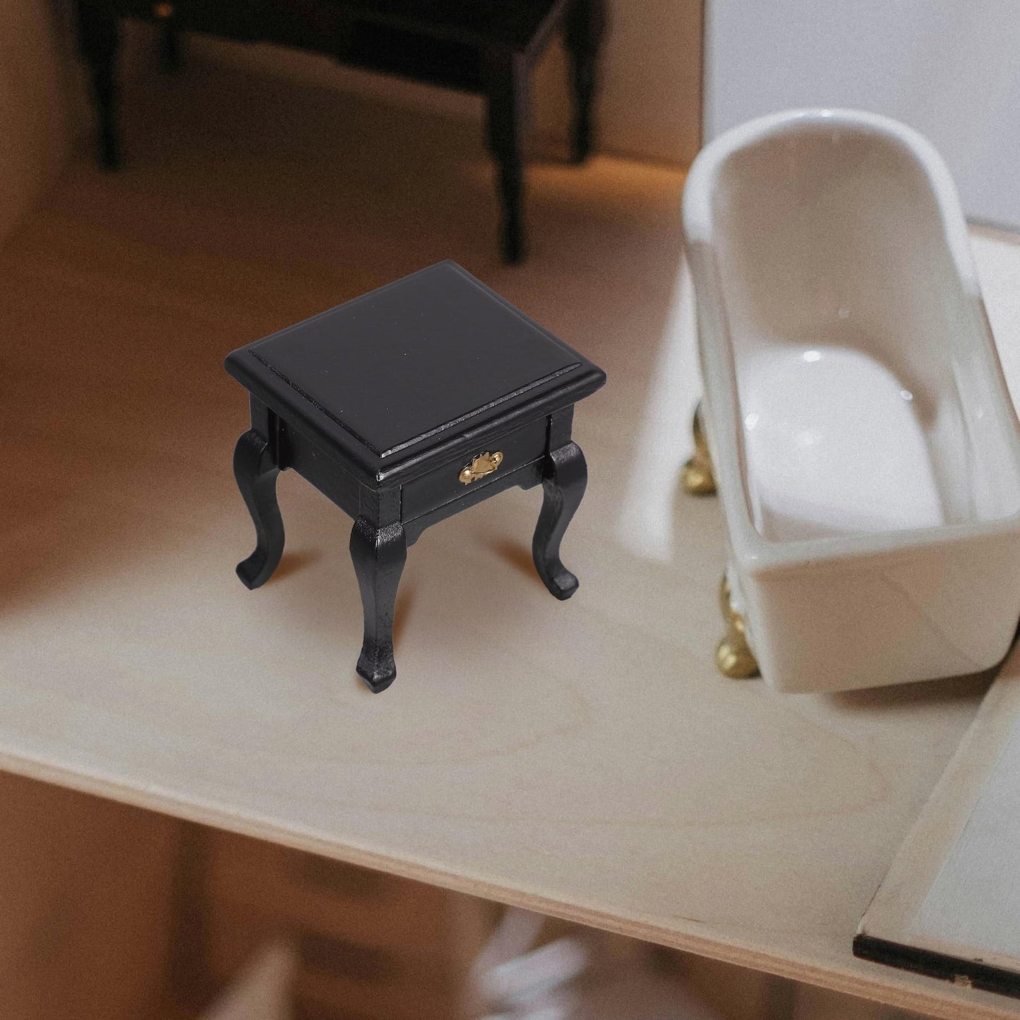 Raindrops 1Pcs Mini Dollhouse Furniture Miniature End Table Black Wood With Storage For Dollhouse Enthusiasts